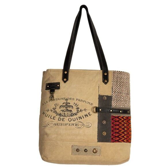 Myra Bag Handmade Sundown Tote Bag Upcycled Canvas & Cowhide Leather - Picture 6 of 9